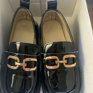 Kids Black Patent Leather Loafers with Gold Buckle